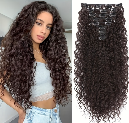 Set of 9 Thick Hair Extensions, 56 Cm Long, Featuring Curling Clips.