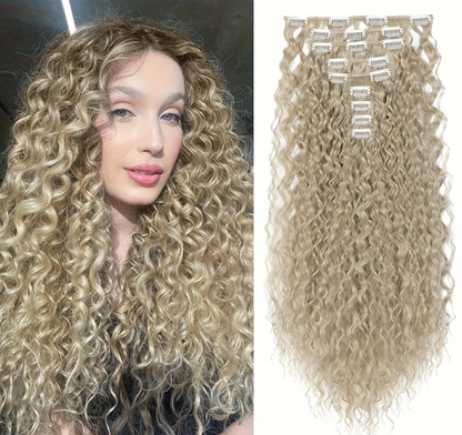 Set of 9 Thick Hair Extensions, 56 Cm Long, Featuring Curling Clips.
